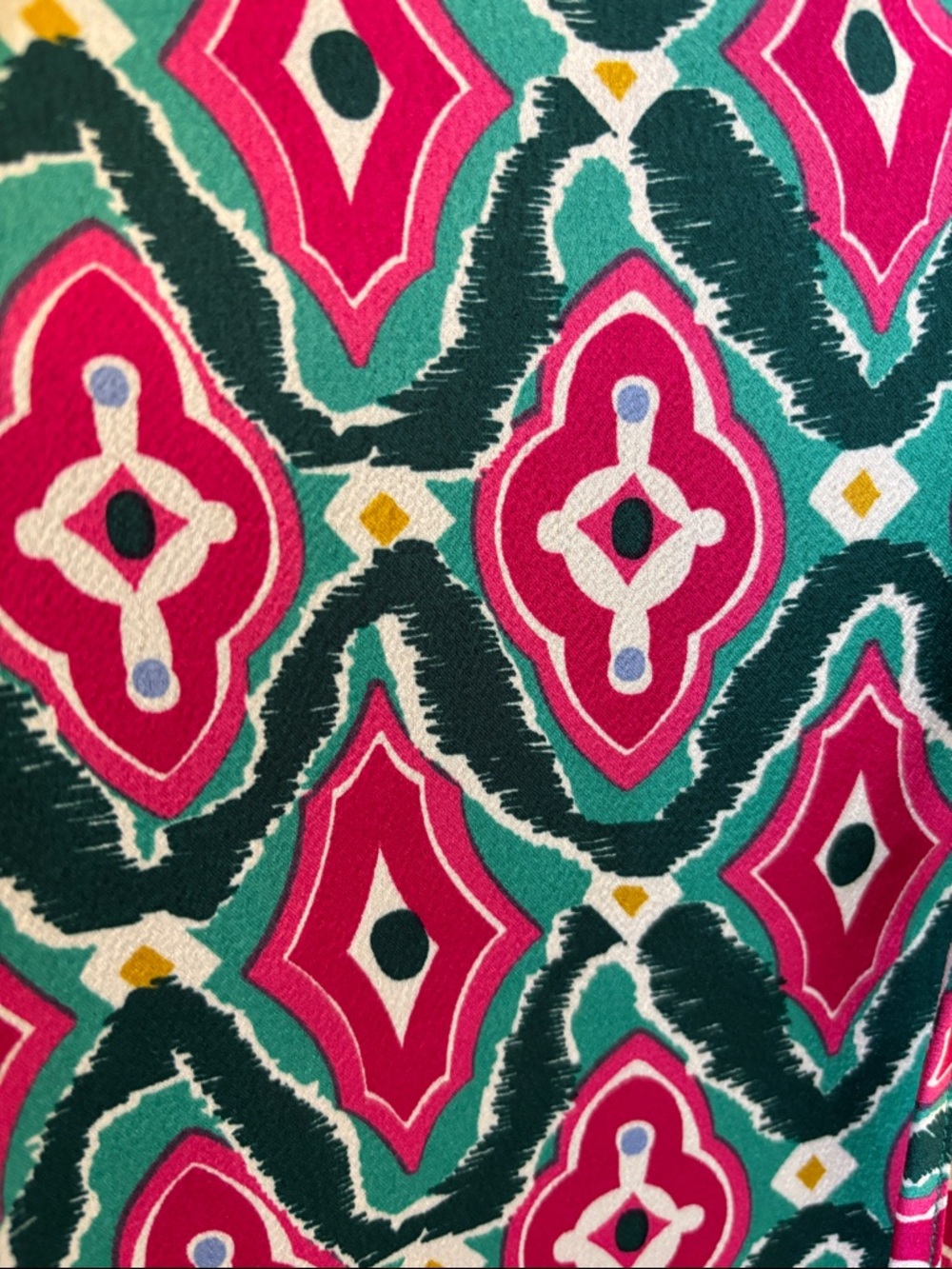 THML Teal and Hot Pink Printed Ruffle-Neck Puff Sleeve Blouse - Picture 12 of 16